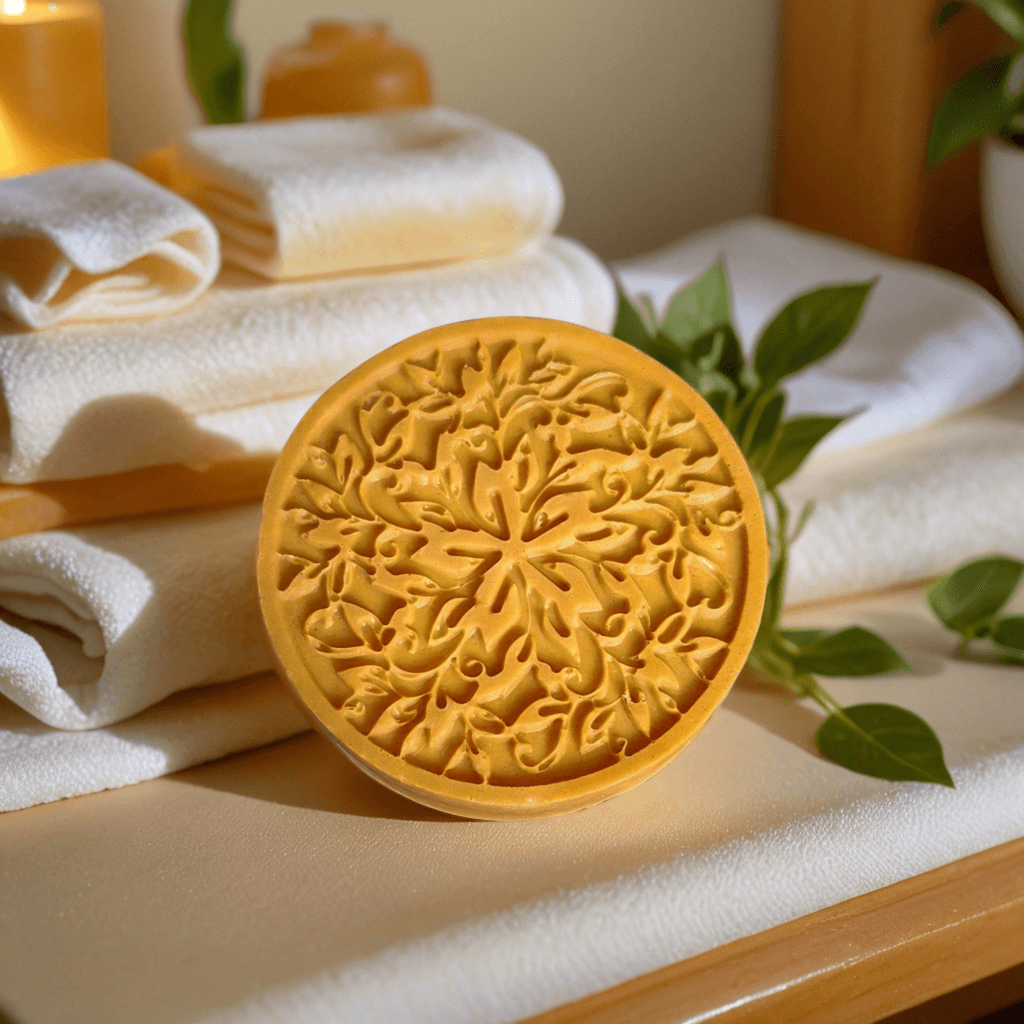 BrightFix Bar hyperpigmentation correcting soap surrounded by rolled towels in a spa setting.