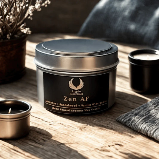Zen AF candle in a stylish tin, featuring calming lavender, bergamot, vanilla, and sandalwood scents.