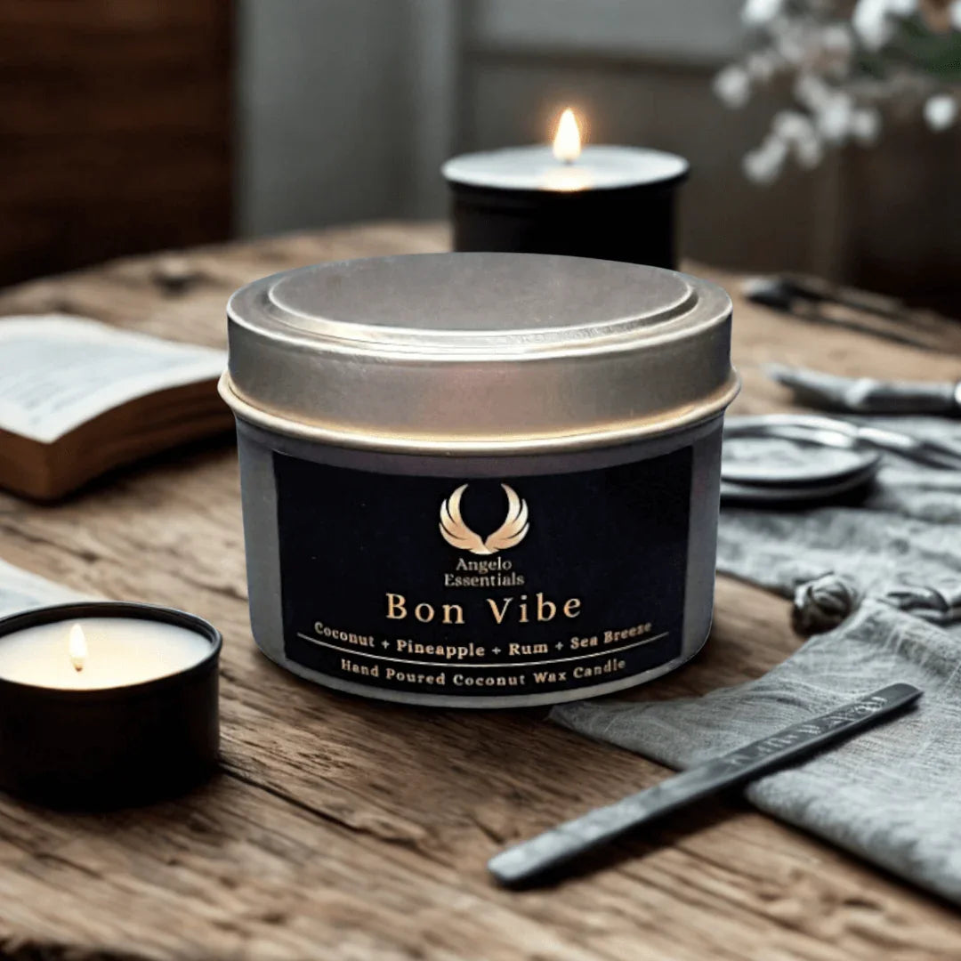 Bon Vibe candle with coconut, pineapple, and rum scents on a rustic table, hand-poured coconut wax, cozy atmosphere.