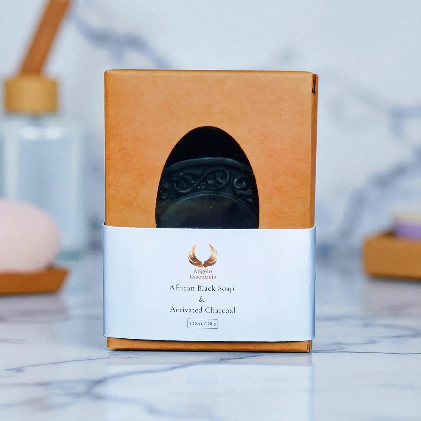 African Black Soap & Activated Charcoal packaging, emphasizing its natural ingredients and cleansing properties.