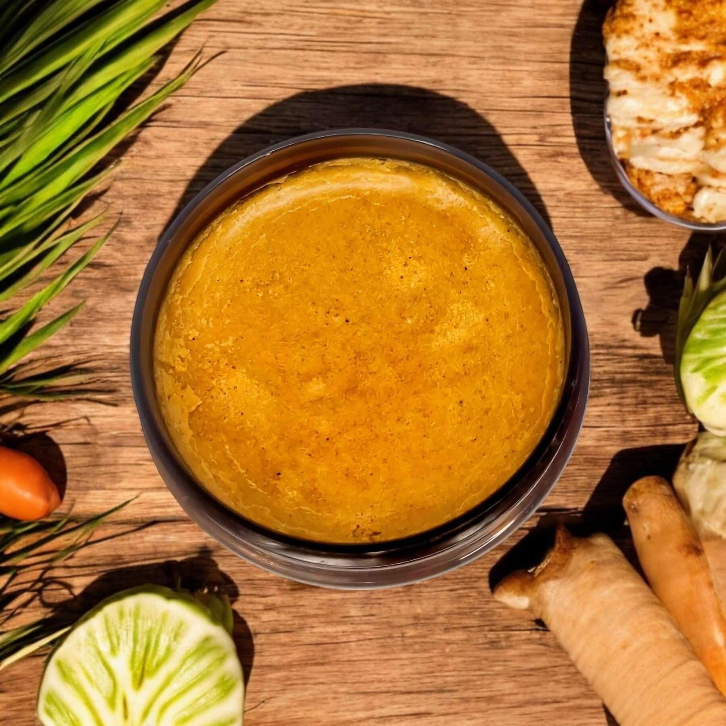 Top view of Raw Batana Oil in a glass jar surrounded by fresh tropical ingredients.