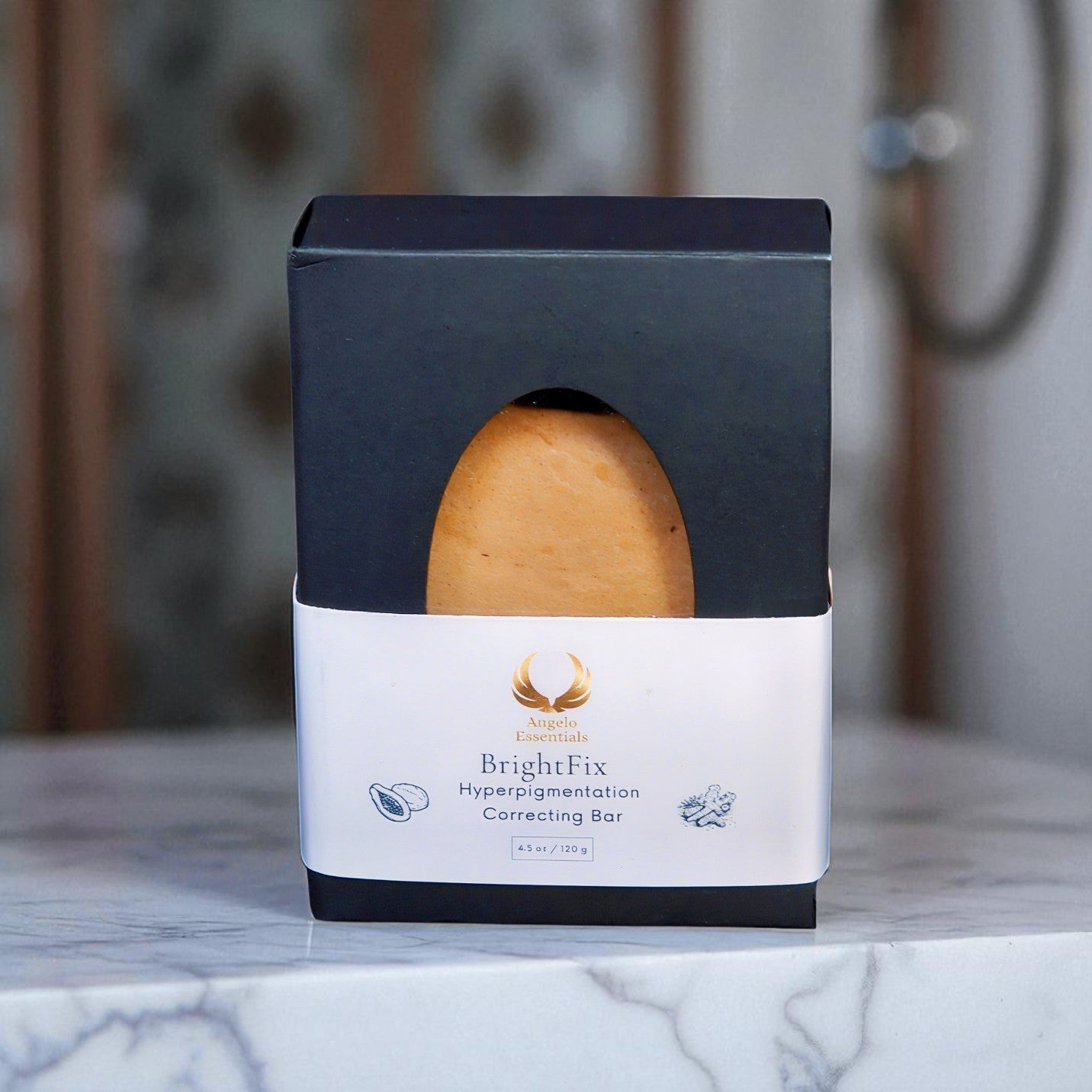 BrightFix Bar for hyperpigmentation correction, featuring turmeric and fruit enzymes, displayed in elegant packaging.
