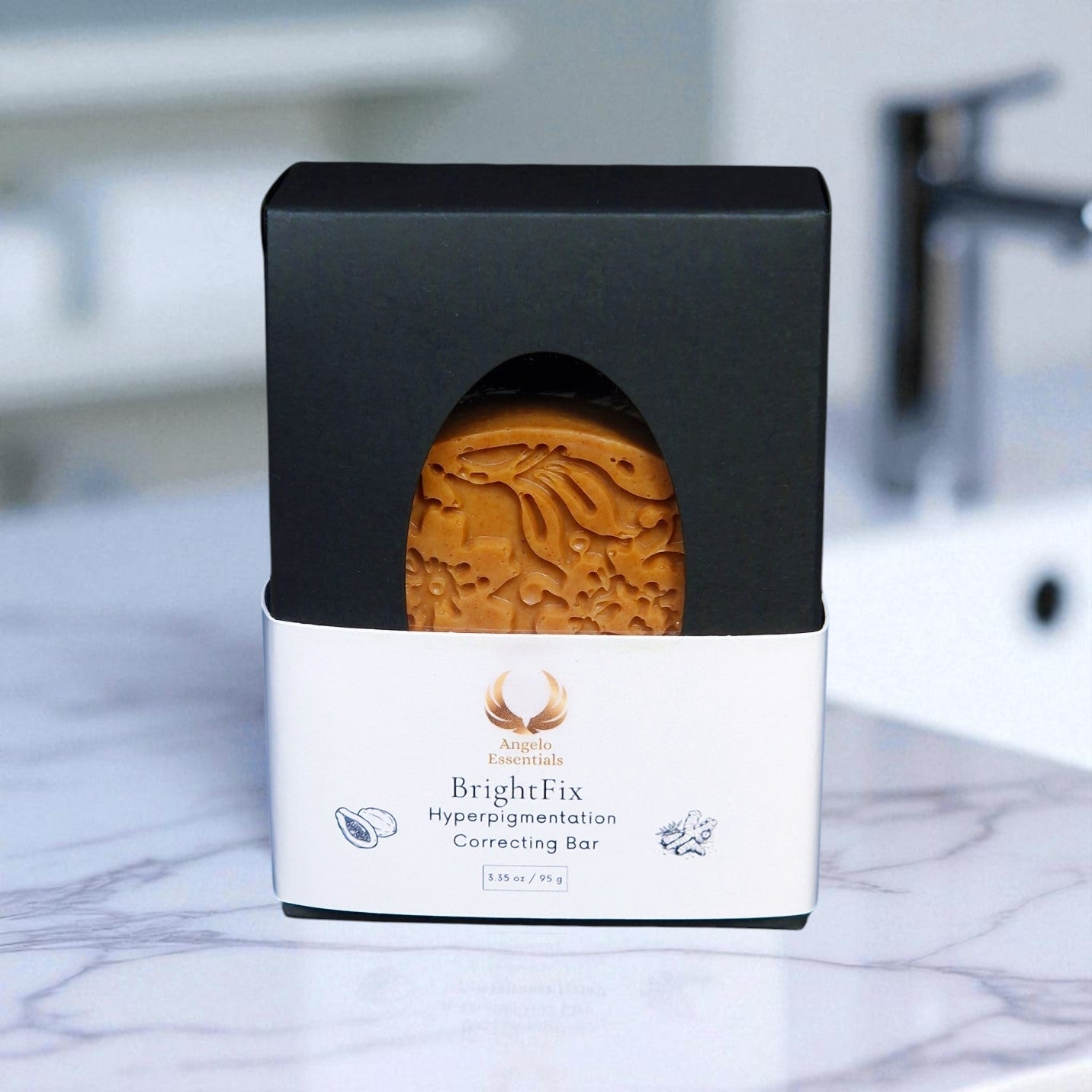 BrightFix Bar for hyperpigmentation correction, featuring turmeric and fruit enzymes, displayed in elegant packaging.