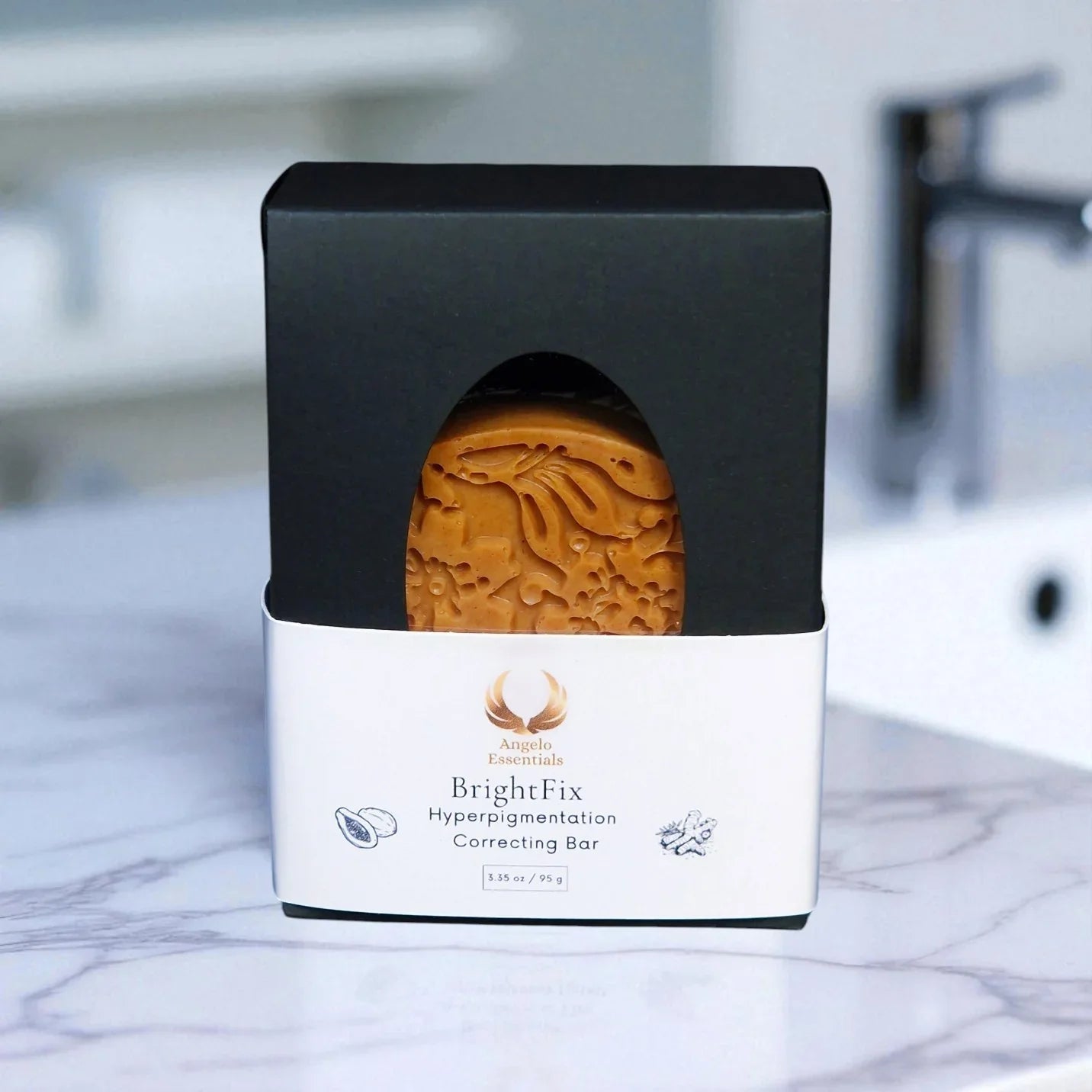 Hyperpigmentation correcting soap, featuring turmeric and fruit enzymes, displayed in elegant packaging.